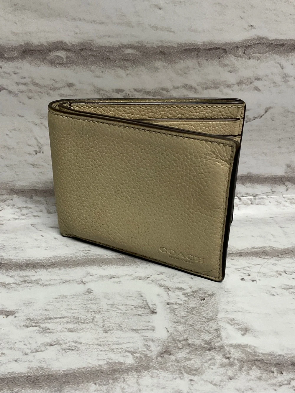 Coach Men’s Pebbled Leather Bifold Wallet in Beige